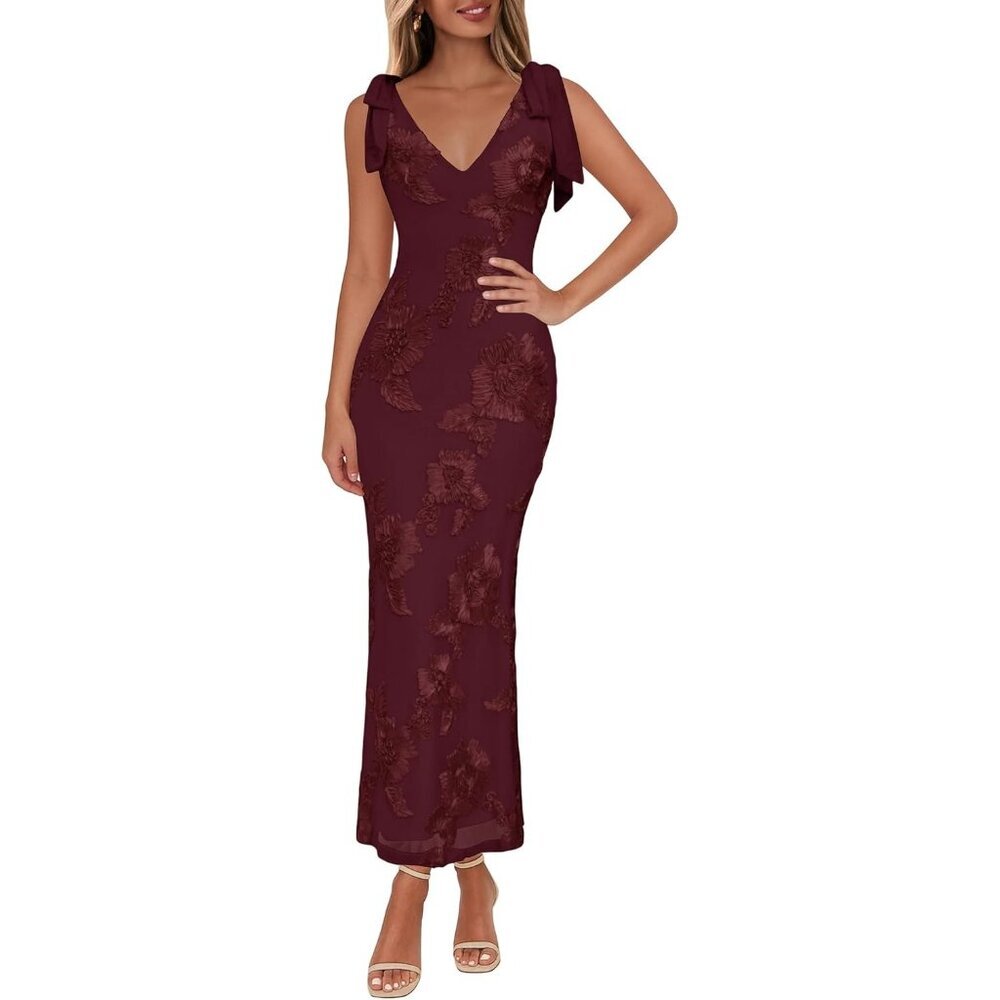 Women's Wine Red Sleeveless V Neck Tie Strap Ribbon Mesh Maxi Dress Cocktail